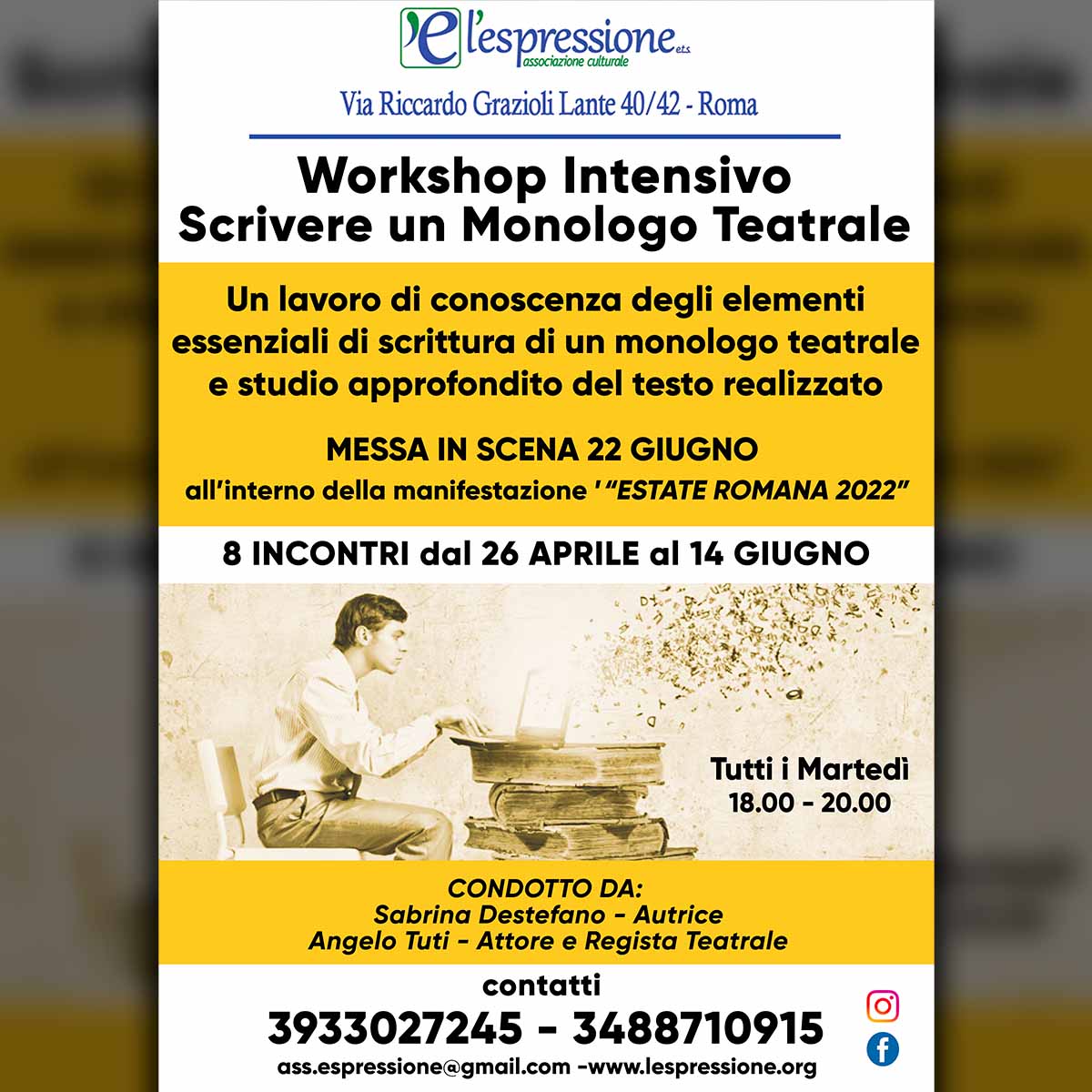 Workshop “Scrivere un Monologo Teatrale” a cura dell’A.C. L’Espressione E.t.s.